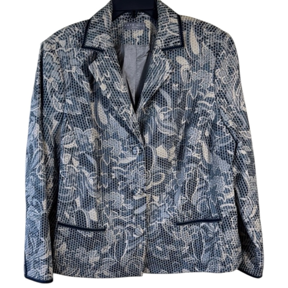 Kate Hill Blazer Jacket Navy & Tan Floral Button Closure Pockets in Sz 20W EUC